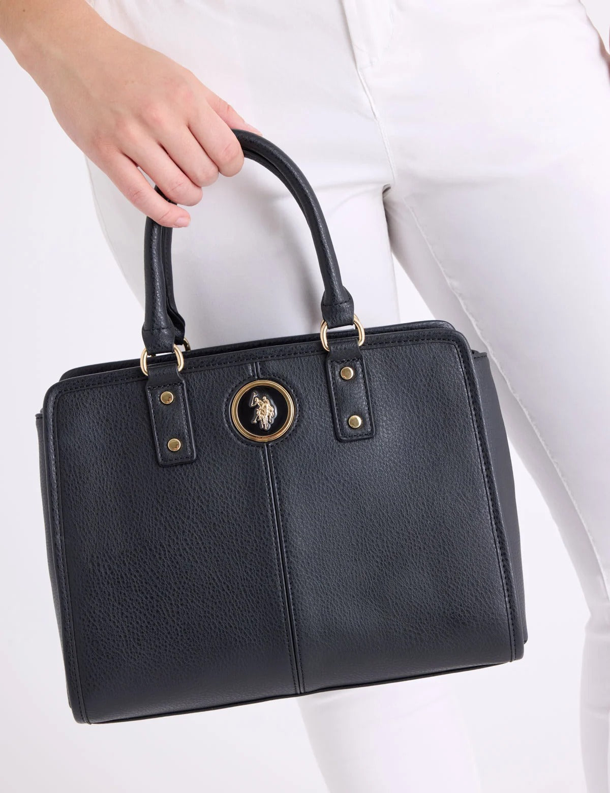 Solid Enamel Satchel Bag with Crossbody Bag - Black