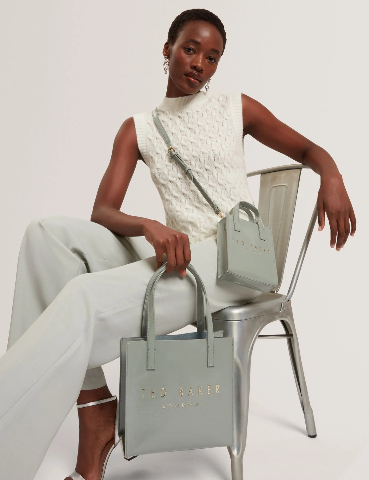 Crinkle Small Faux Leather Icon Tote Bag - Grey