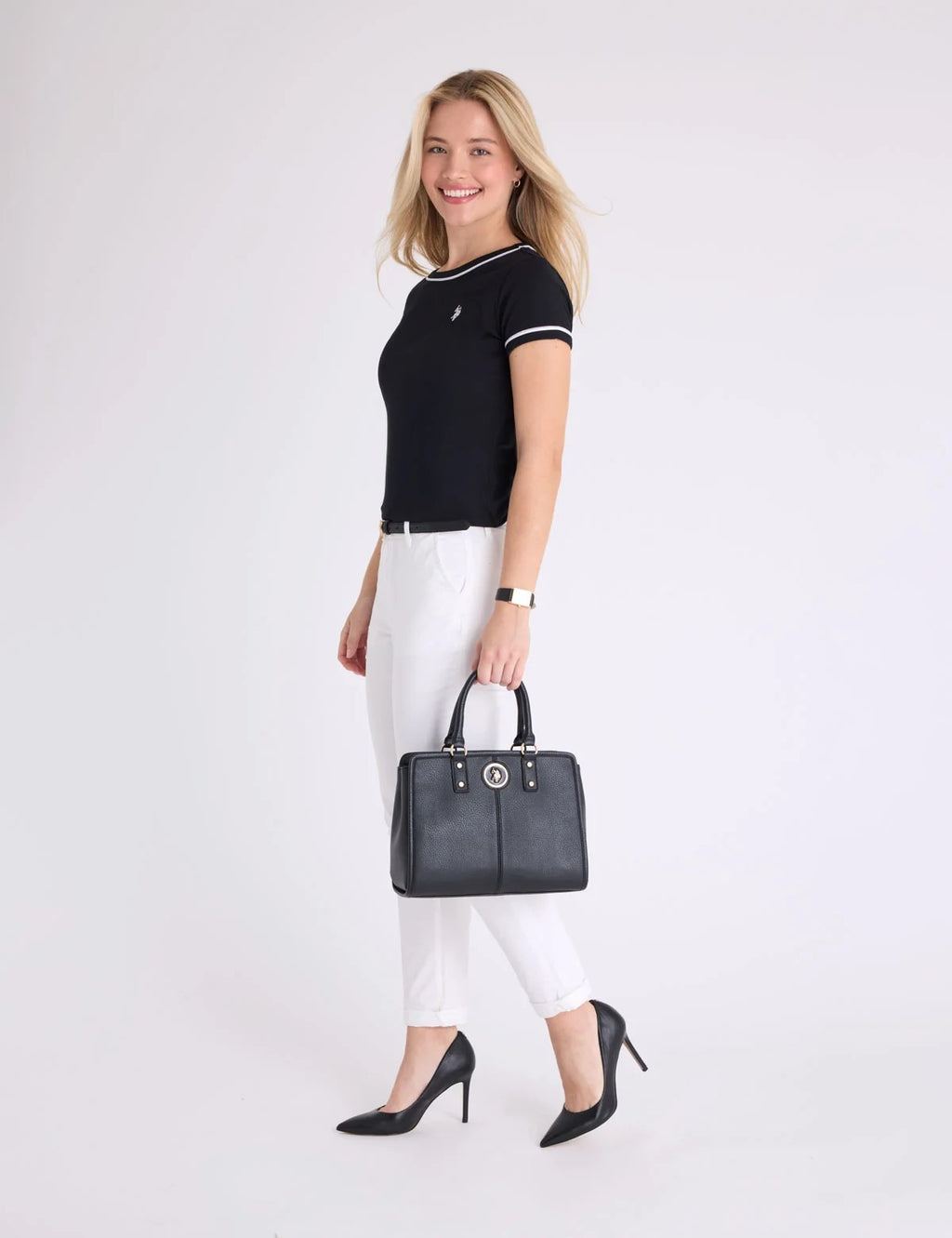 Solid Enamel Satchel Bag with Crossbody Bag - Black