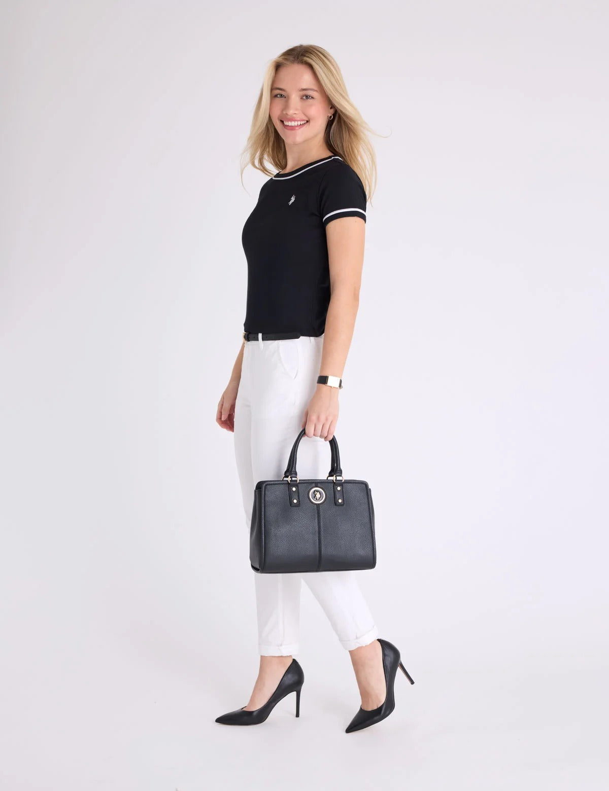 Solid Enamel Satchel Bag with Crossbody Bag - Black